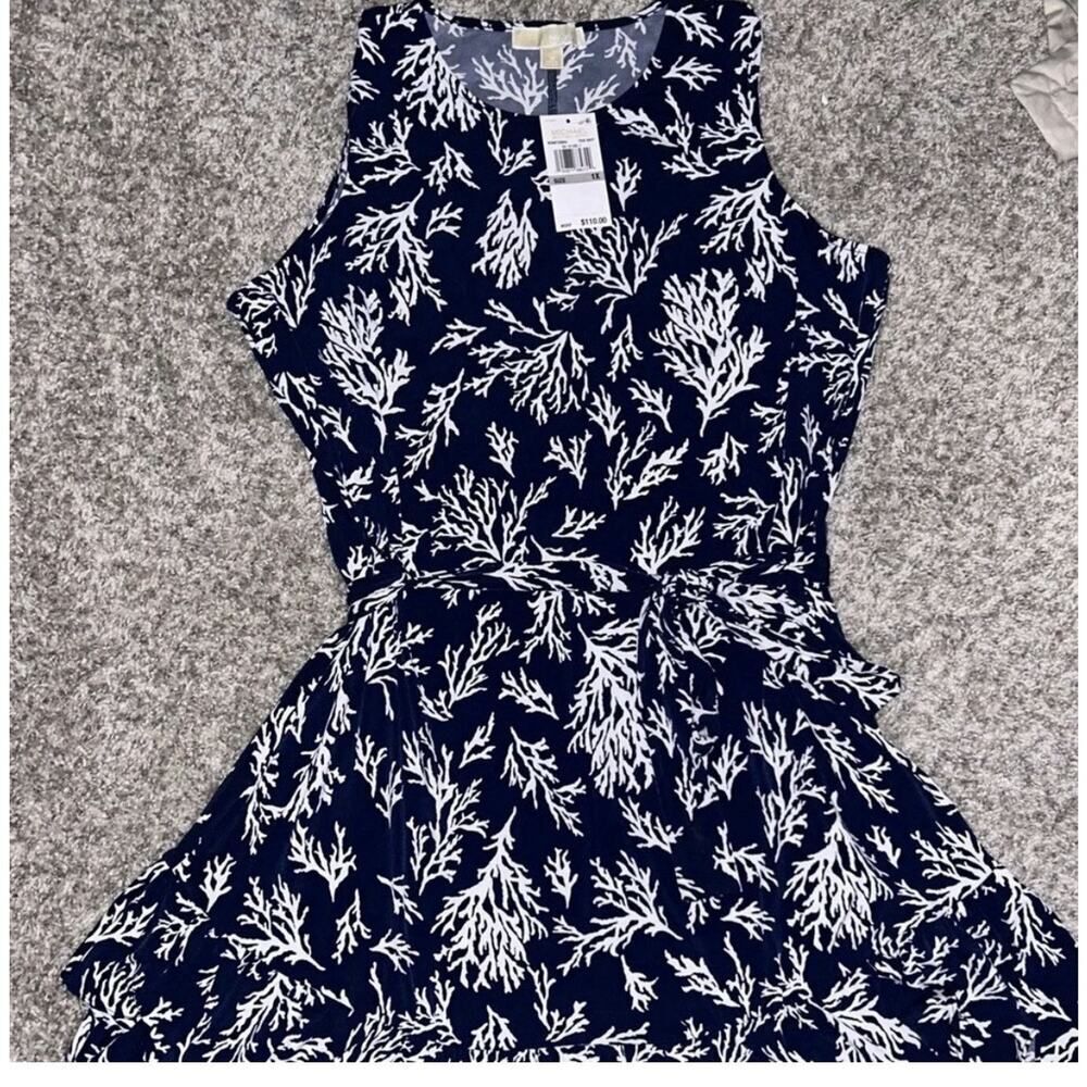 Michael Kors True Navy With Coral Print Jersey Knit Dress Sz. 1x F23